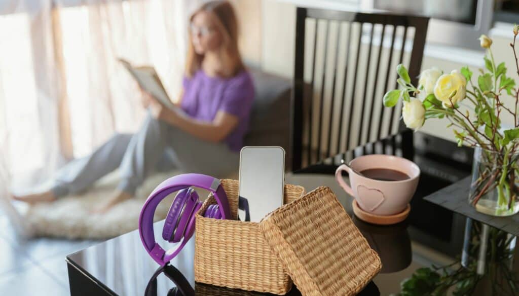Digital Detox mit einem Buch: Frau in entspannter Atmosphäre liest, während das Smartphone beiseitegelegt ist.