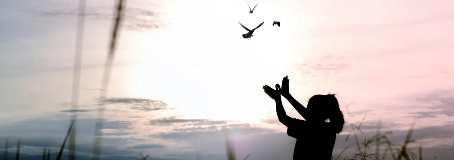 Silhouette einer Frau lässt Vögel frei - Symbol für Loslassen nach Trennung