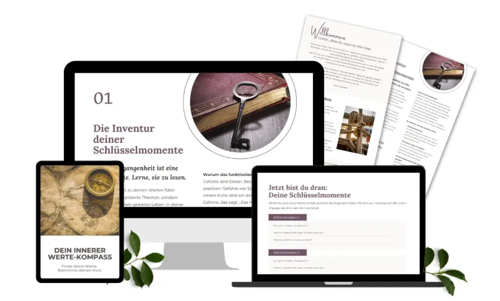 Mockup des Werte-Kompass Workbooks auf Laptop, Tablet und als PDF-Seiten.