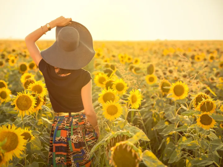 Frau mit Hut steht in einem Sonnenblumenfeld und blickt in den Sonnenuntergang, als Symbol für den Neuanfang nach der Trennung.